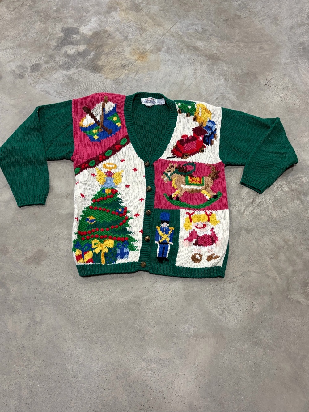 Vintage Club Classics Christmas Cardigan Hand Knit Nutcracker Tree Green Large